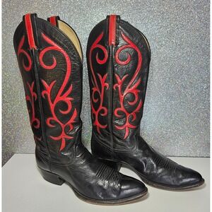 Larry Mahan Vintage Leather Black Red Inlay Rockabilly Cowboy Boots Size 9.5 D